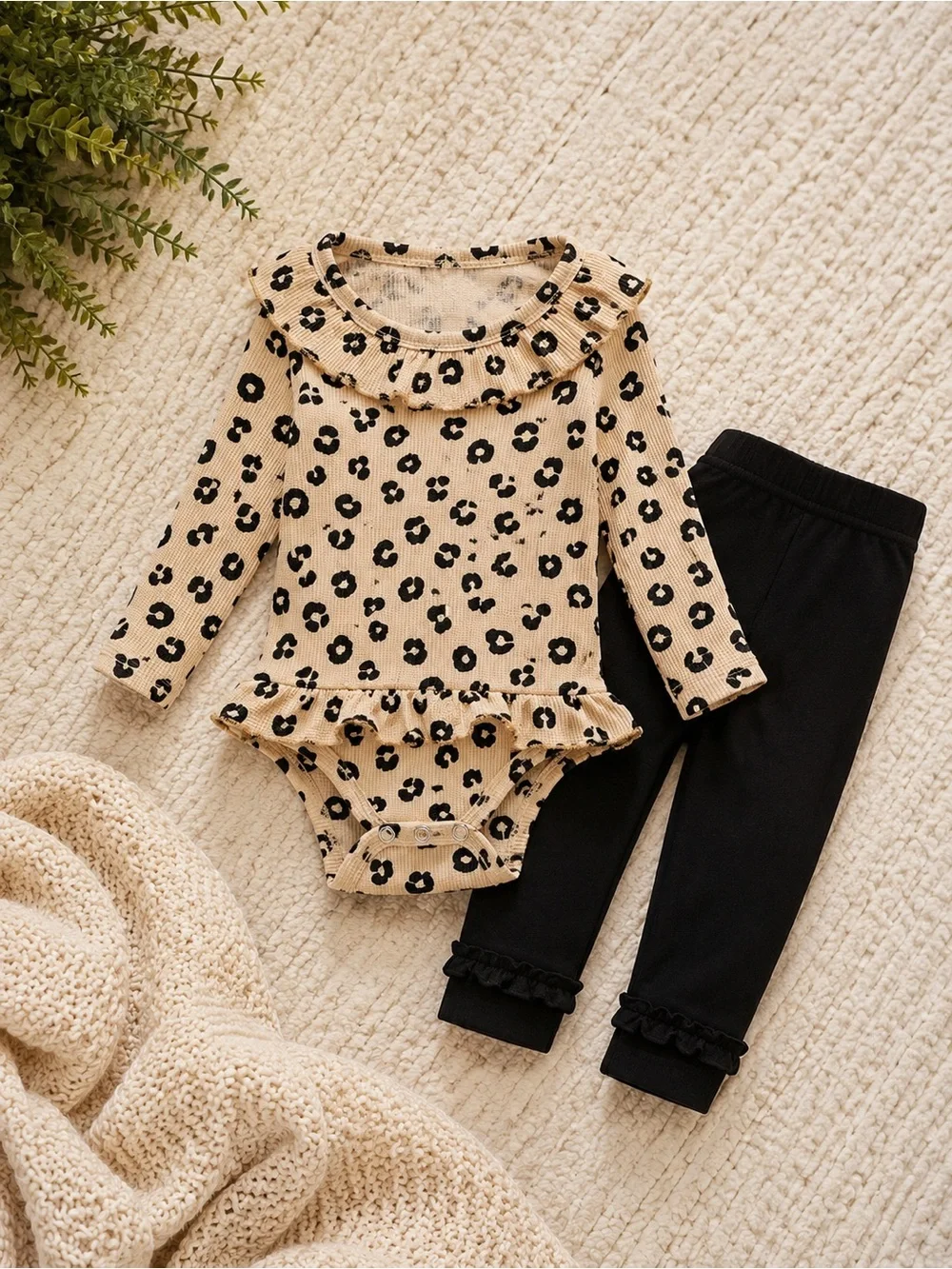 Old Navy Beige Leopard Ruffle One-Piece Bodysuit with Black Pants